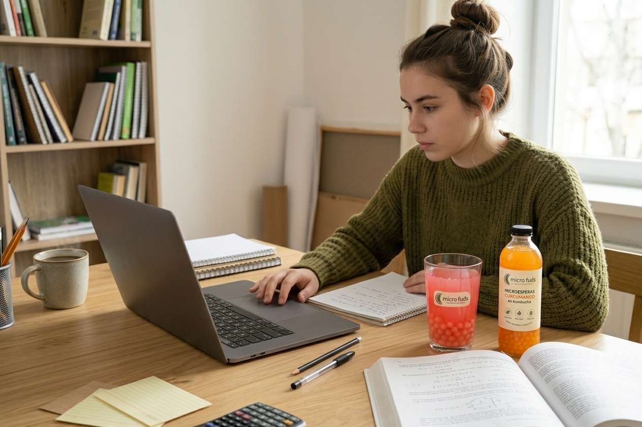 Estudiante concentrada disfrutando bebida Micro Fuds